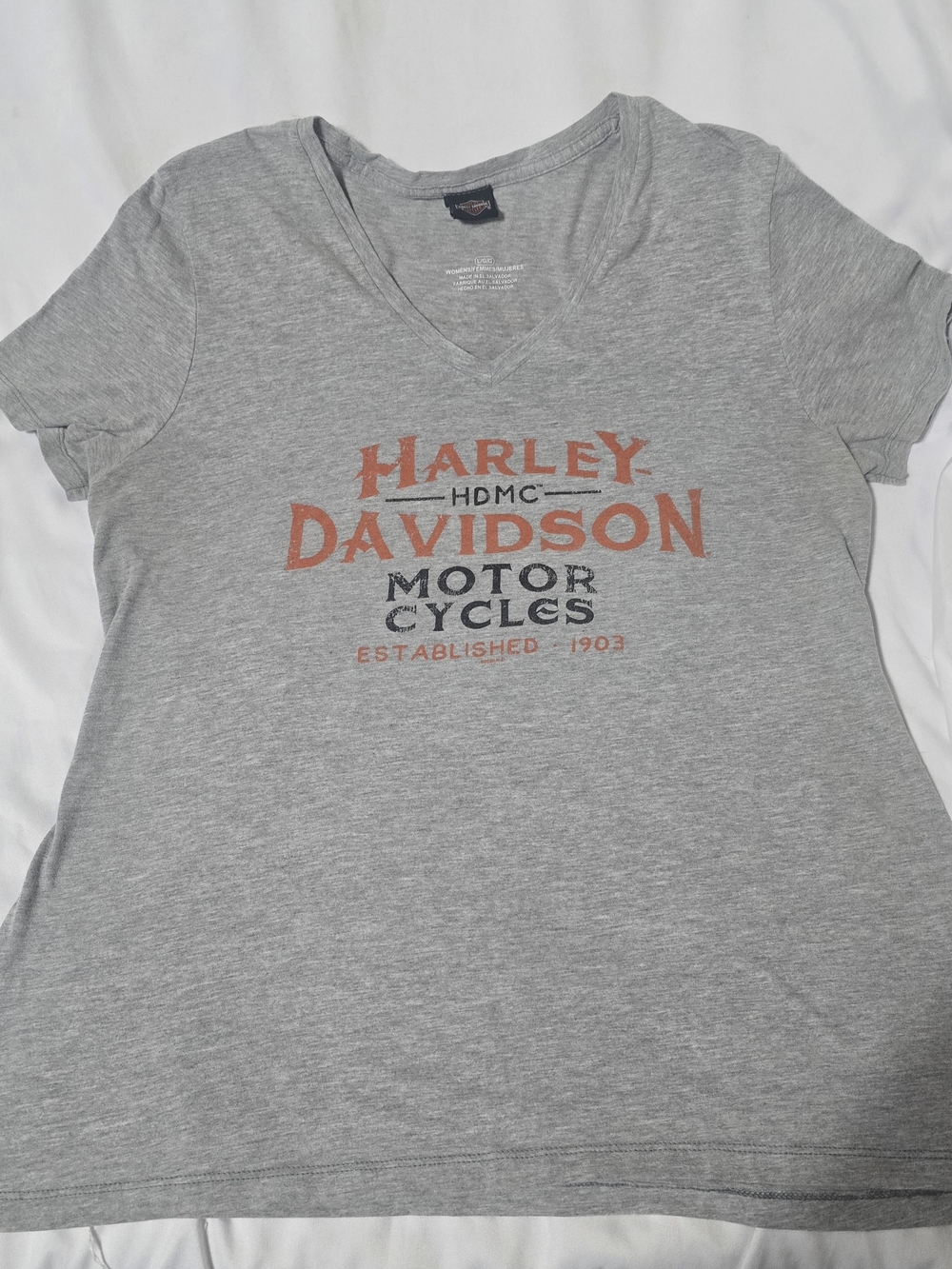 Harley-Davidson Gray V-Neck Tee with Orange Logo West Virgina Sz. Large